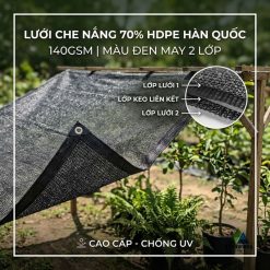 Lưới Che Nắng 70% HDPE Hàn Quốc 140GSM Màu Đen May 2 Lớp Cao Cấp