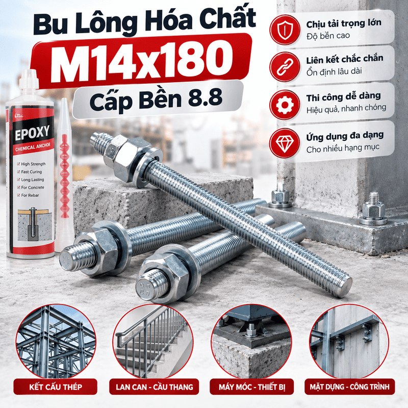 Bu Lông Hóa Chất M14x180 Cấp Bền 8.8: Báo Giá & Thông Số Kỹ Thuật