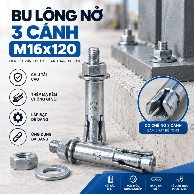 Bu lông nở 3 cánh M16x120 (tắc kê nở 3 cánh M16x120)