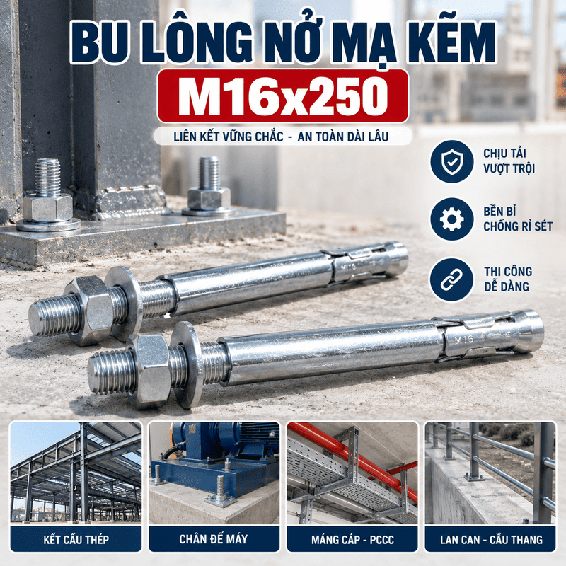 Bu Lông Nở Mạ Kẽm M16x250 – Báo Giá & Thông Số Kỹ Thuật Chuẩn