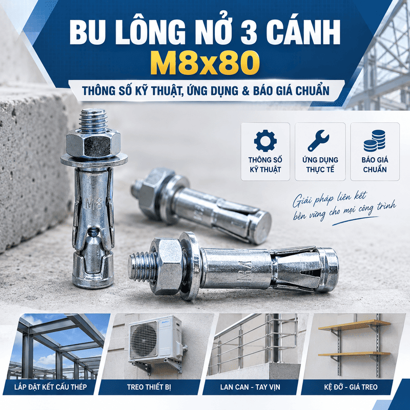 Bu Lông Nở 3 Cánh M8x80: Thông Số Kỹ Thuật, Ứng Dụng & Báo Giá Chuẩn