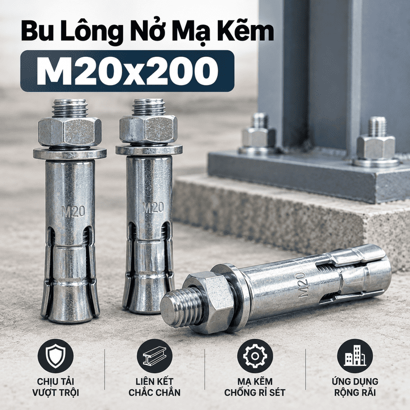 Bu Lông Nở Mạ Kẽm M20x200: Thông Số, Ứng Dụng & Báo Giá Chuẩn